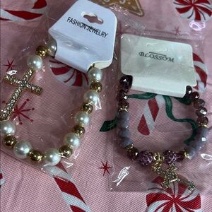 Gold and Pearl Cross Bracelets Set